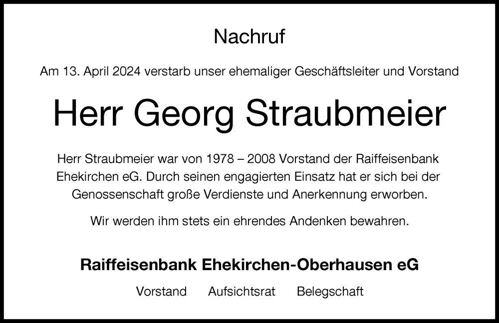 Traueranzeige von Georg Straubmeier von Neuburger Rundschau