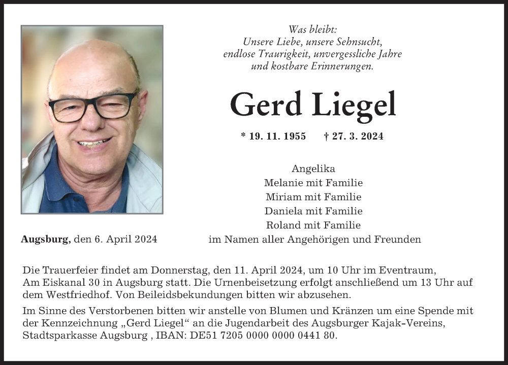 Traueranzeige für Gerd Liegel vom 06.04.2024 aus Augsburger Allgemeine