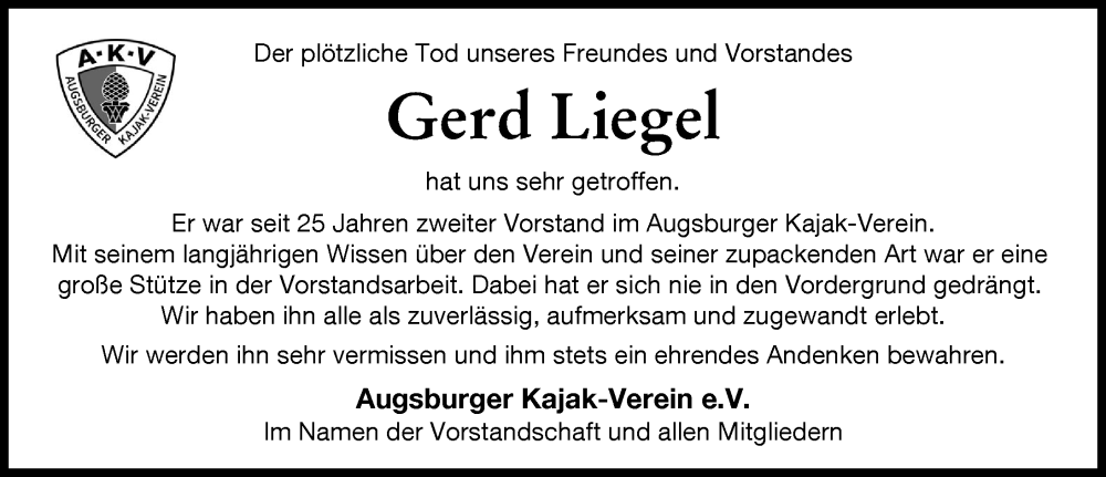 Traueranzeige von Gerd Liegel von Augsburger Allgemeine