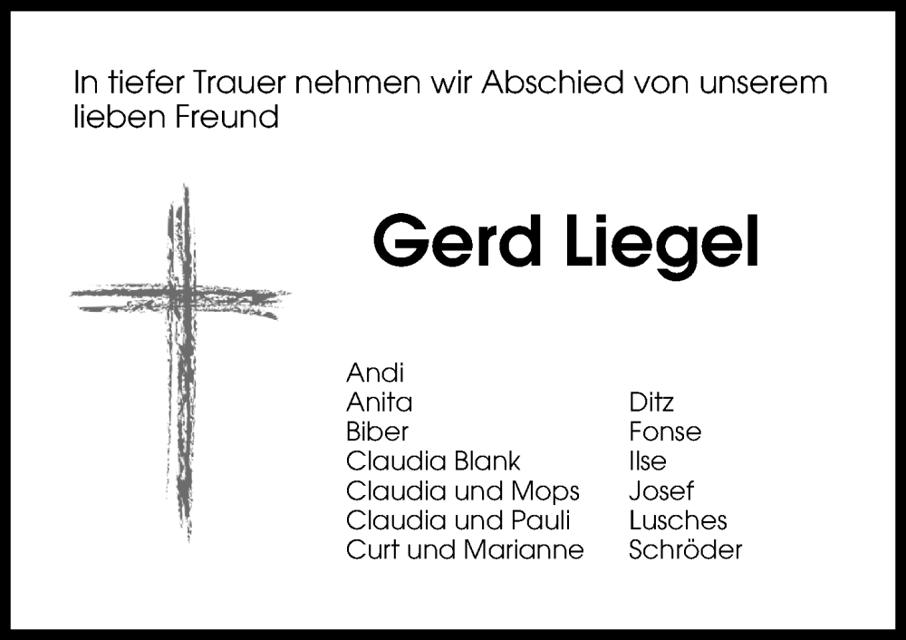 Traueranzeige von Gerd Liegel von Augsburger Allgemeine