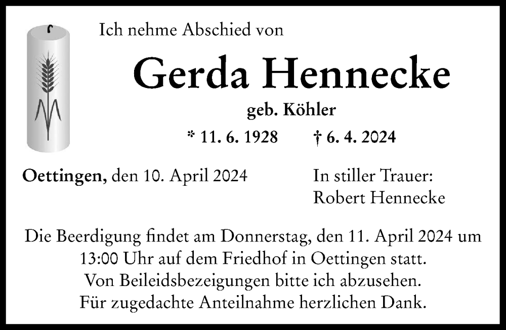 Traueranzeige von Gerda Hennecke von Rieser Nachrichten