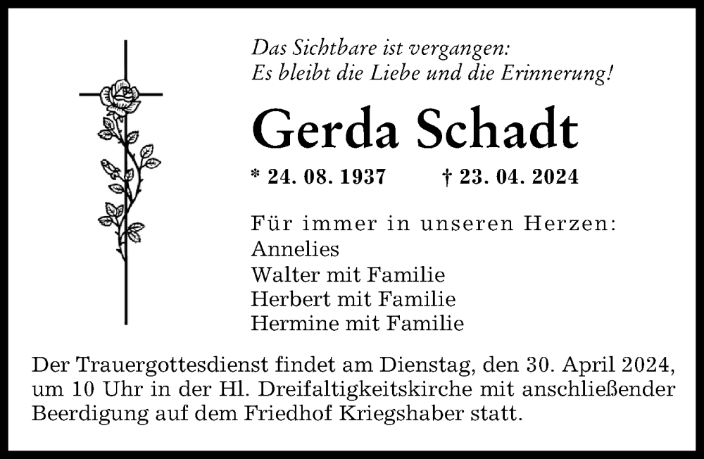 Traueranzeige von Gerda Schadt von Augsburger Allgemeine