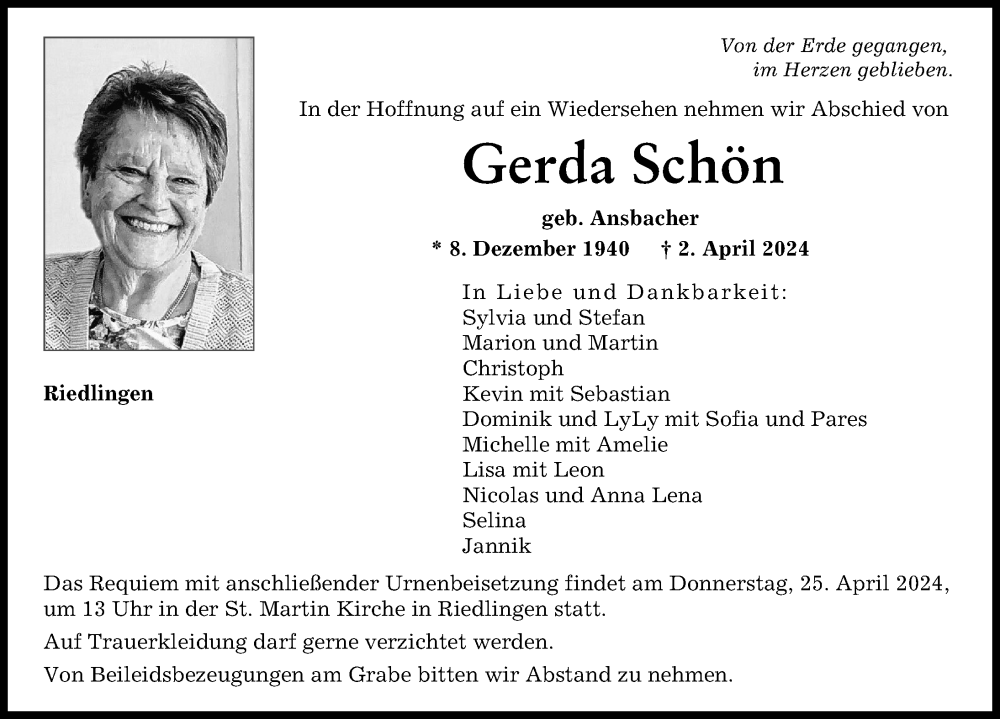 Traueranzeige von Gerda Schön von Donauwörther Zeitung