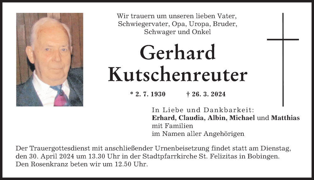 Traueranzeige von Gerhard Kutschenreuter von Schwabmünchner Allgemeine