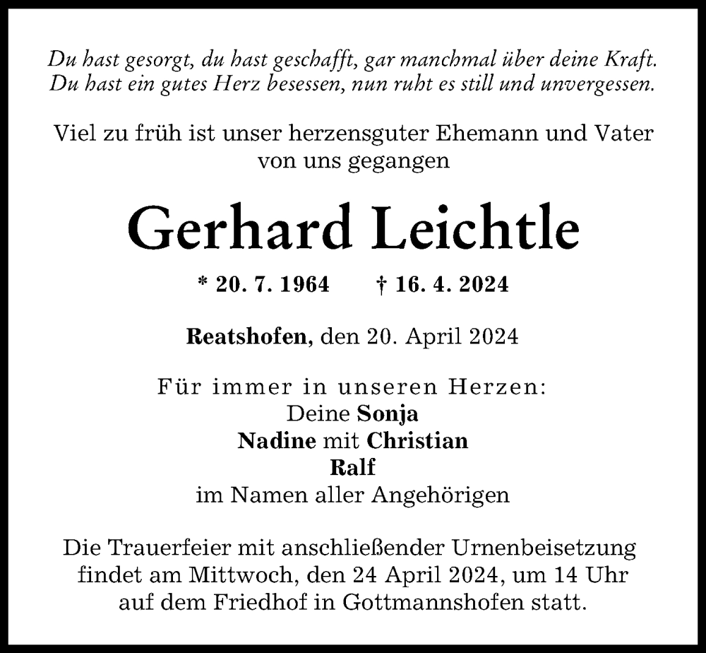  Traueranzeige für Gerhard Leichtle vom 20.04.2024 aus Wertinger Zeitung