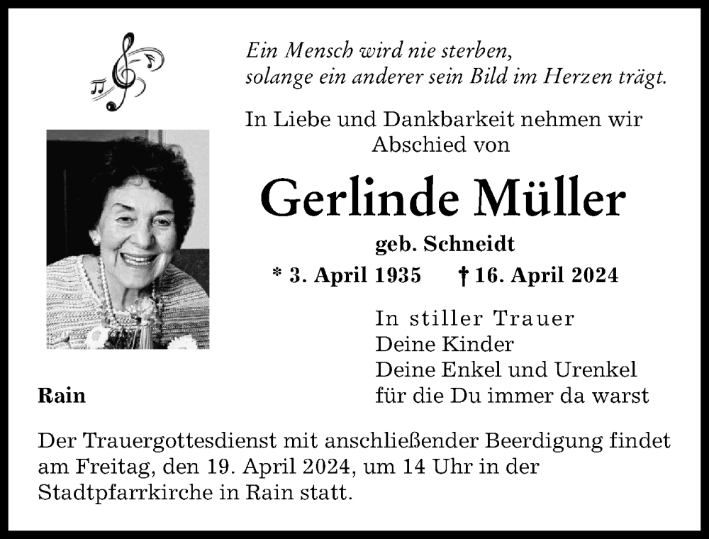 Traueranzeige von Gerlinde Müller von Donauwörther Zeitung