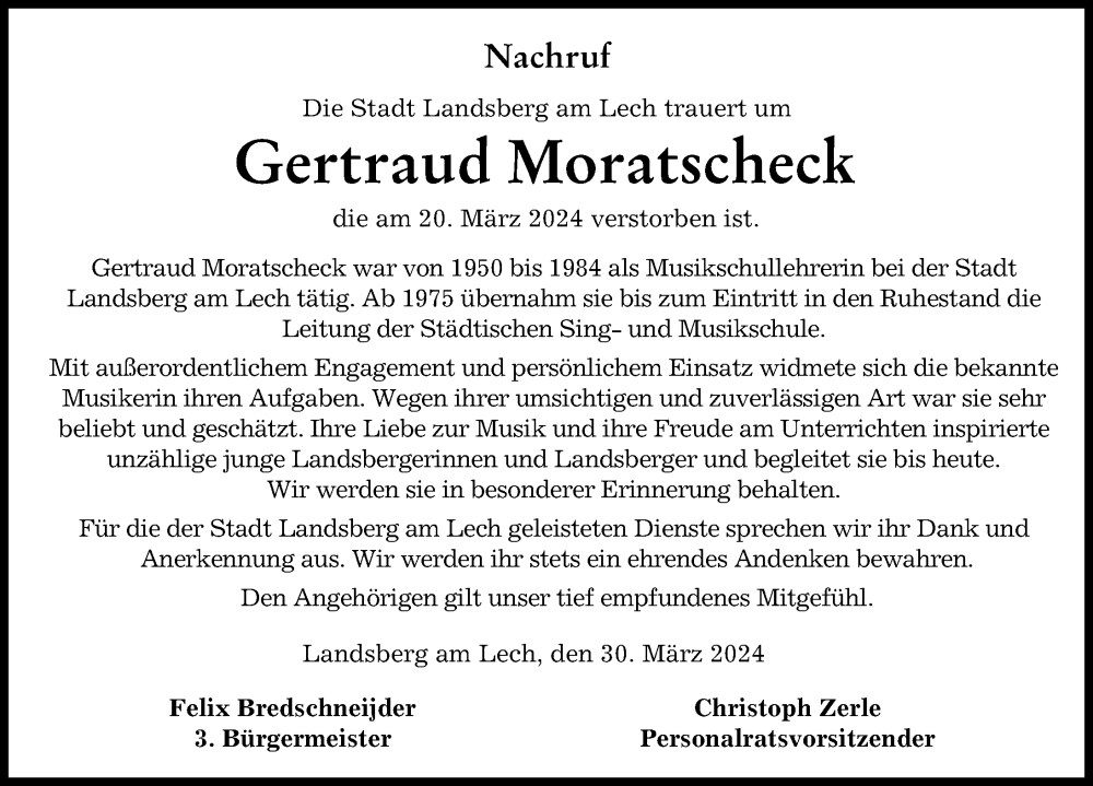 Traueranzeige von Gertraud Moratscheck von Landsberger Tagblatt