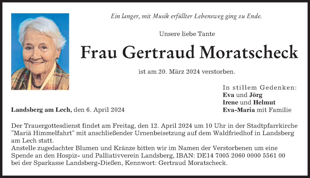 Traueranzeige von Gertraud Moratscheck von Landsberger Tagblatt