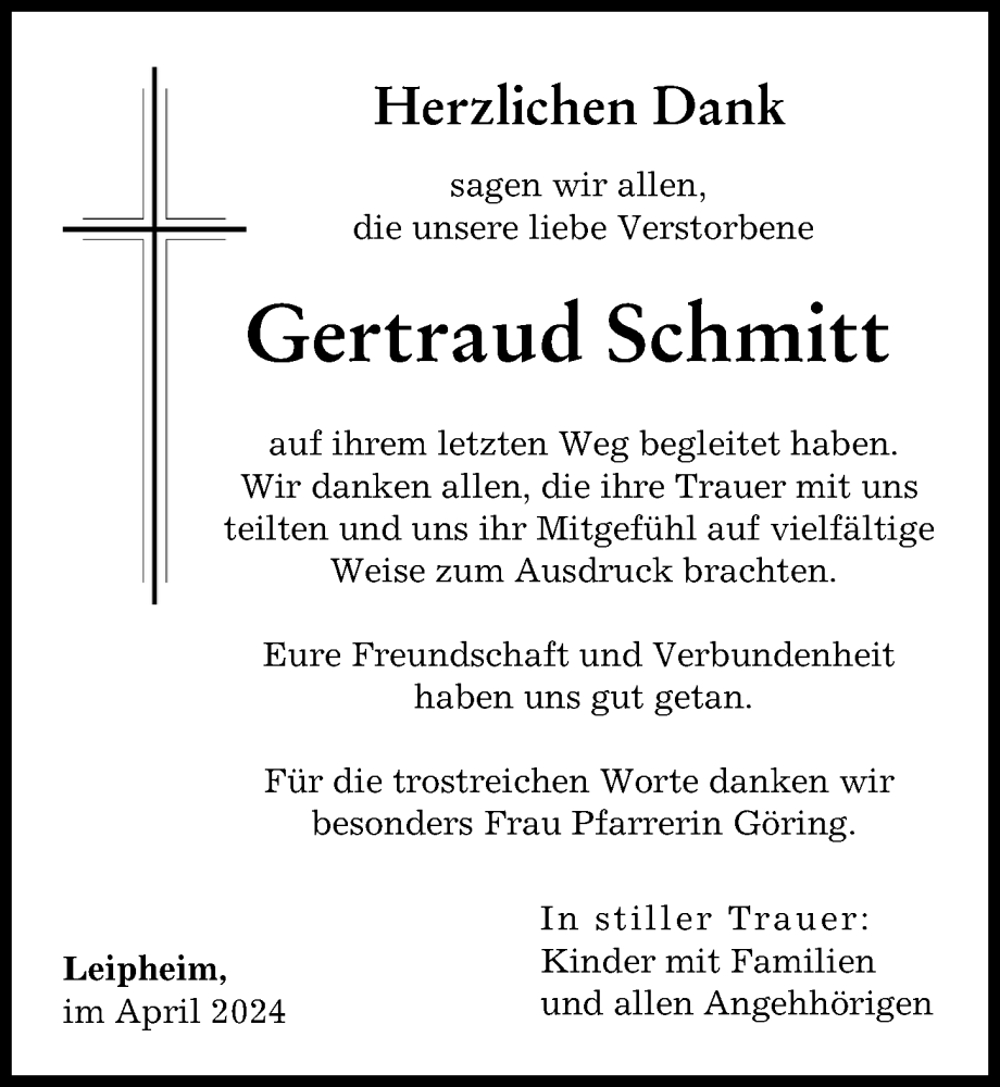 Traueranzeige von Gertraud Schmitt von Günzburger Zeitung