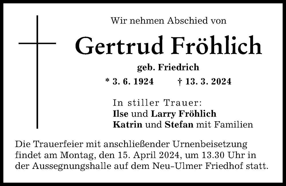 Traueranzeige von Gertrud Fröhlich von Neu-Ulmer Zeitung