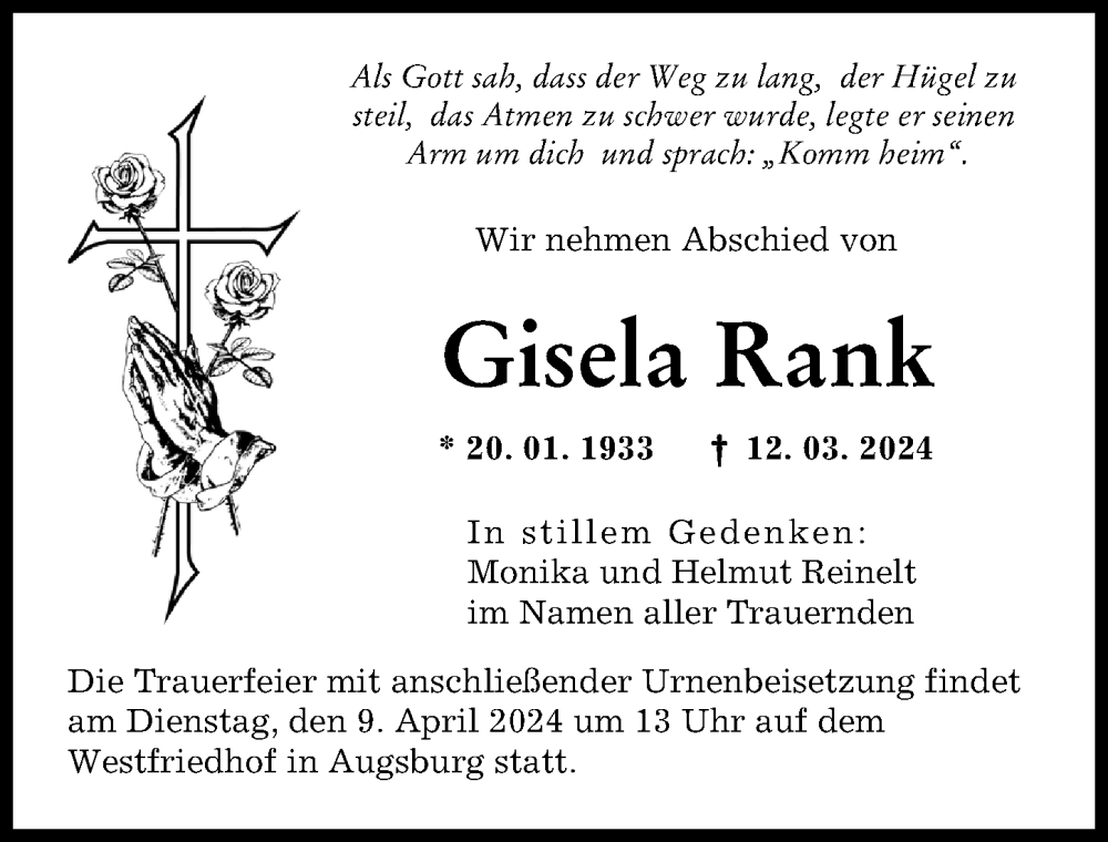 Traueranzeige von Gisela Rank von Augsburger Allgemeine