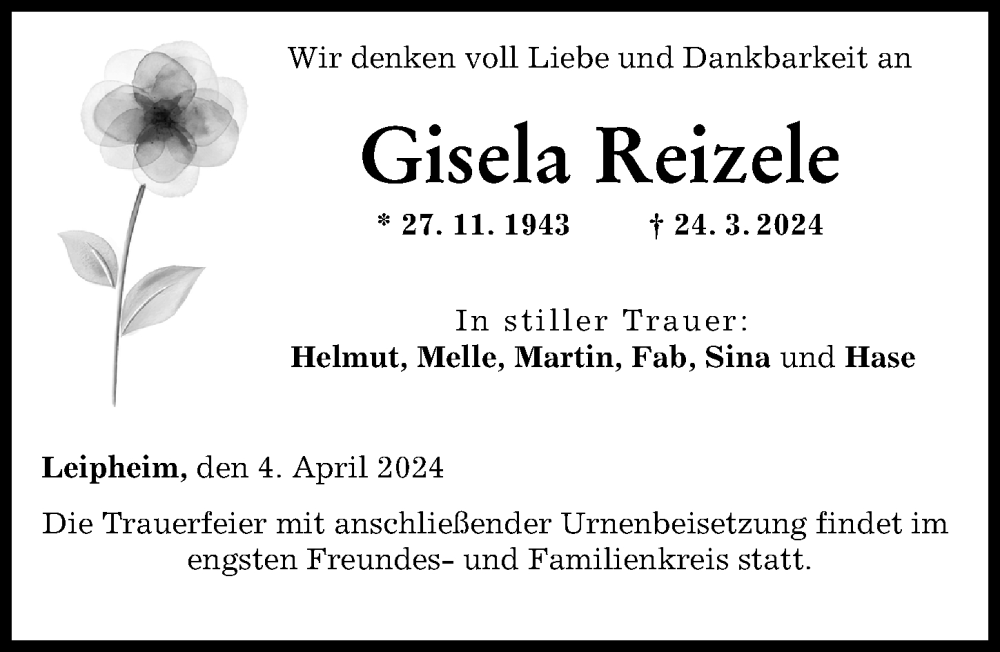  Traueranzeige für Gisela Reizele vom 04.04.2024 aus Günzburger Zeitung