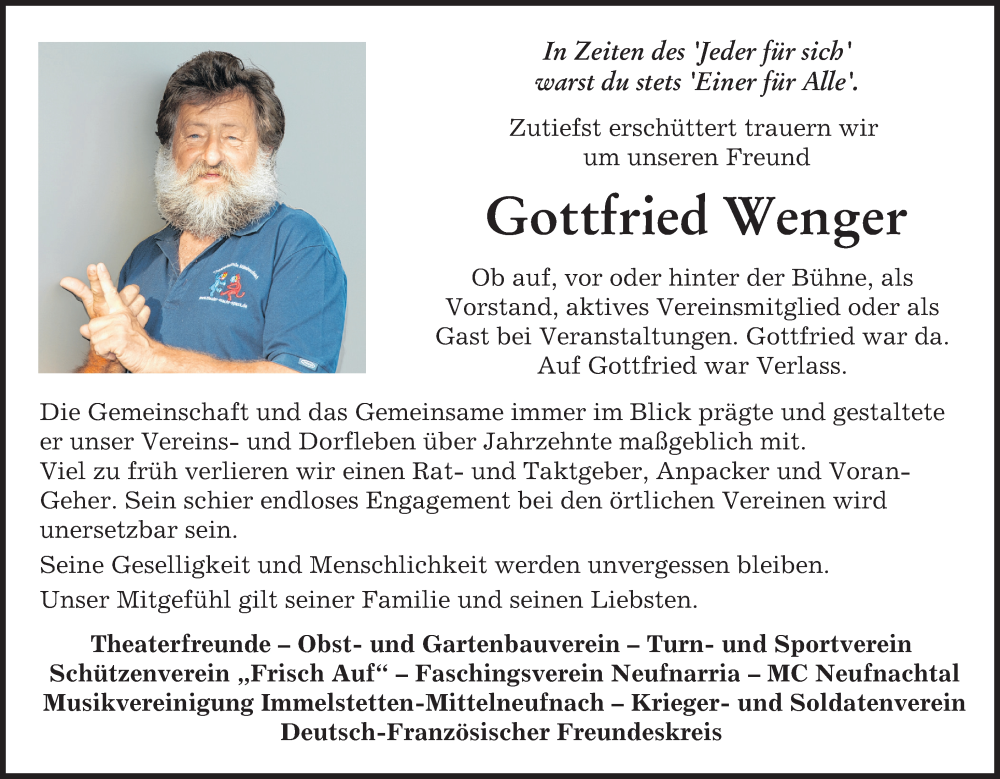 Traueranzeige von Gottfried Wenger von Mindelheimer Zeitung, Schwabmünchner Allgemeine