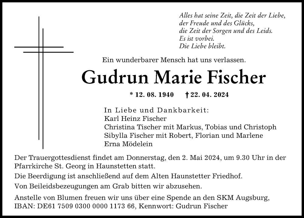 Traueranzeige von Gudrun Marie Fischer von Augsburger Allgemeine