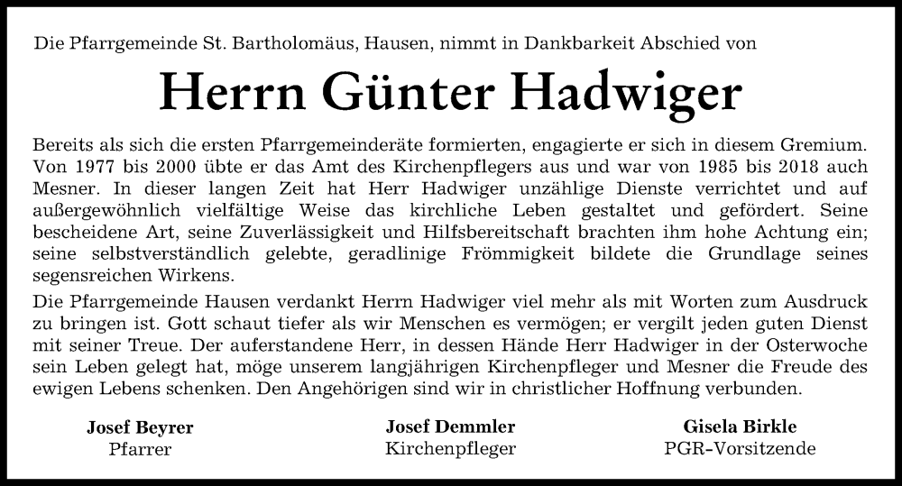Traueranzeige von Günter Hadwiger von Mindelheimer Zeitung