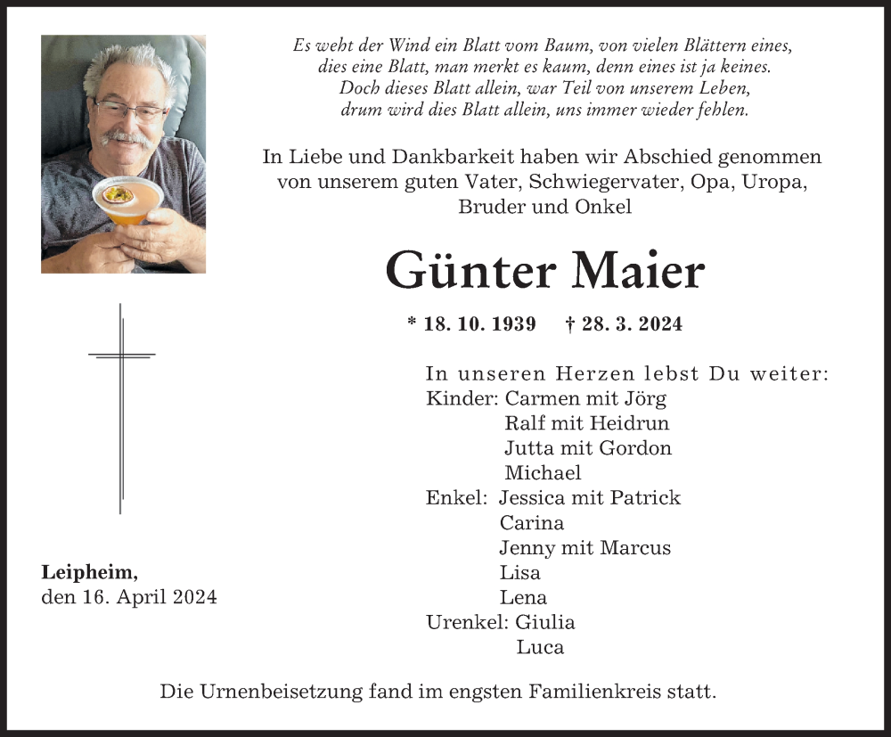 Traueranzeige von Günter Maier von Günzburger Zeitung