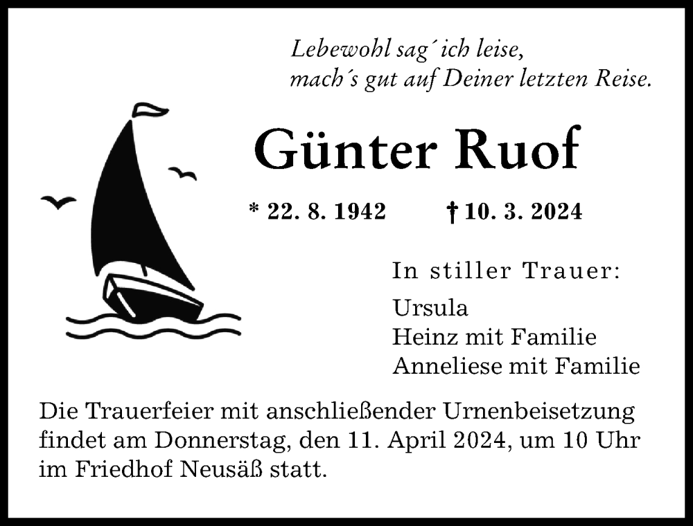 Traueranzeige von Günter Ruof von Augsburger Allgemeine