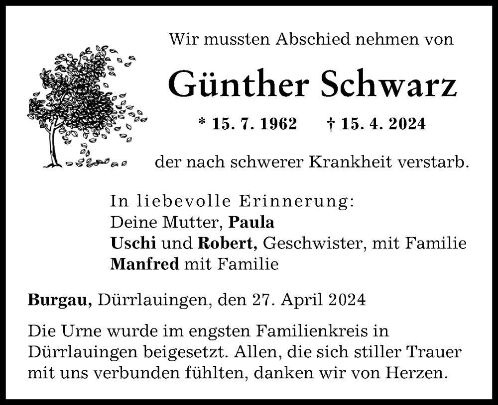 Traueranzeige von Günther Schwarz von Günzburger Zeitung