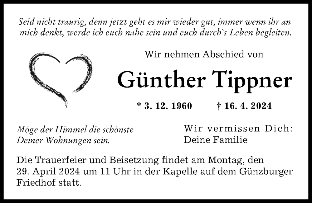 Traueranzeige von Günther Tippner von Günzburger Zeitung