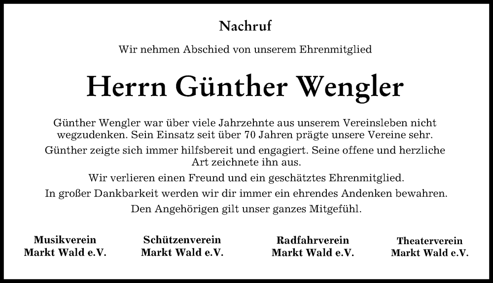 Traueranzeige von Günther Wengler von Mindelheimer Zeitung