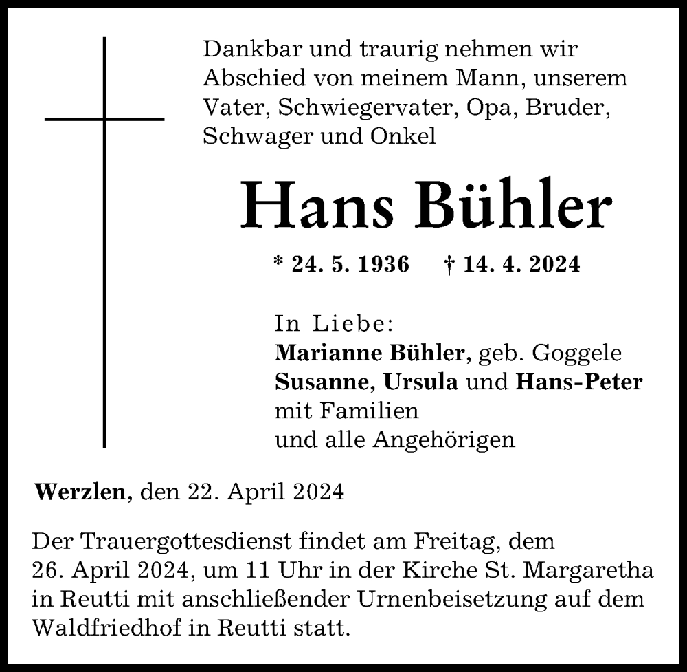 Traueranzeige von Hans Bühler von Neu-Ulmer Zeitung