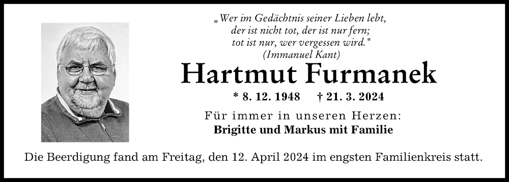 Traueranzeige von Hartmut Furmanek von Augsburger Allgemeine