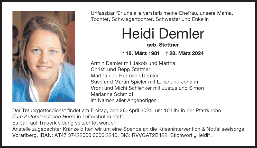  Traueranzeige für Heidi Demler vom 20.04.2024 aus Augsburger Allgemeine