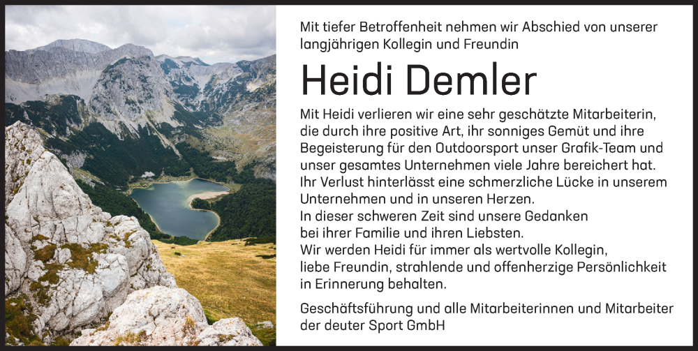  Traueranzeige für Heidi Demler vom 20.04.2024 aus Augsburger Allgemeine