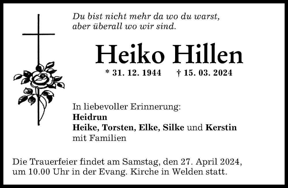 Traueranzeige von Heiko Hillen von Augsburg-Land