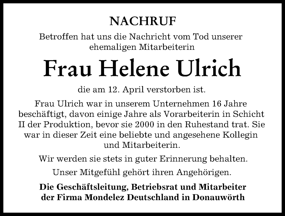 Traueranzeige von Helene Ulrich von Donauwörther Zeitung