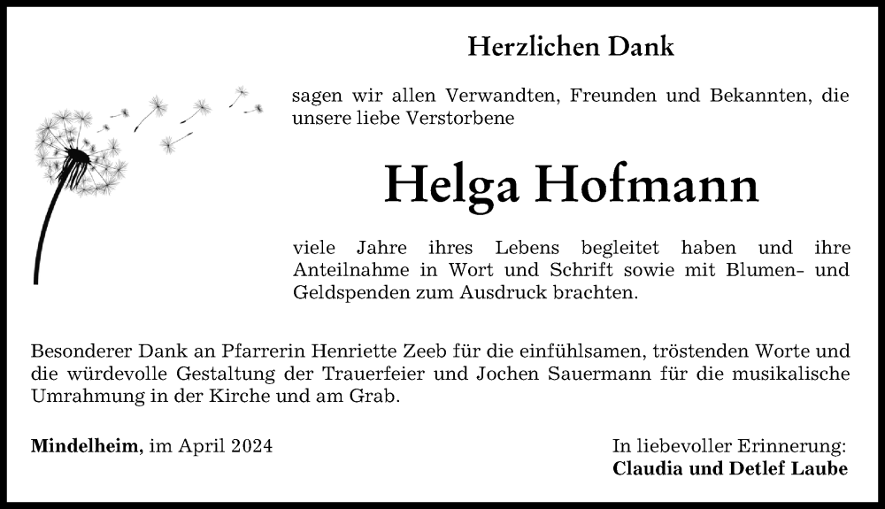 Traueranzeige von Helga Hofmann von Mindelheimer Zeitung