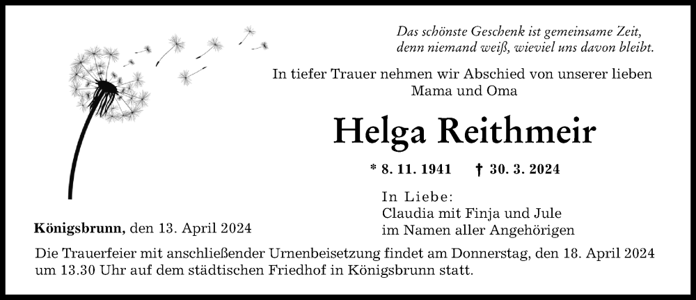 Traueranzeige von Helga Reithmeir von Augsburger Allgemeine