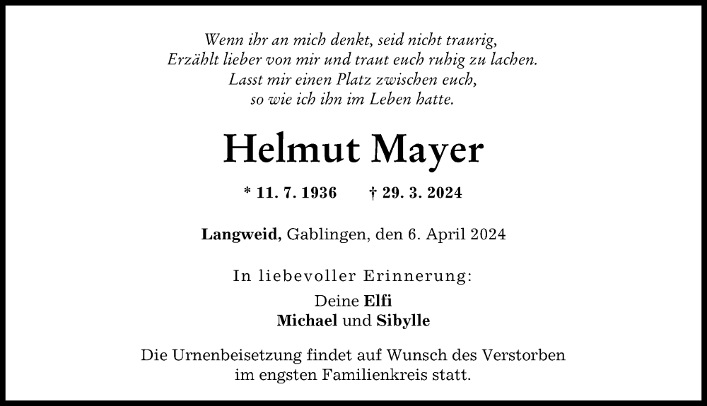 Traueranzeige von Helmut Mayer von Augsburger Allgemeine