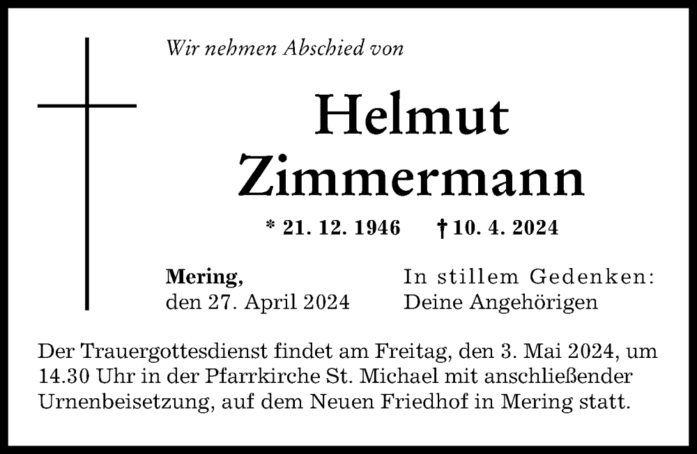 Traueranzeige von Helmut Zimmermann von Friedberger Allgemeine