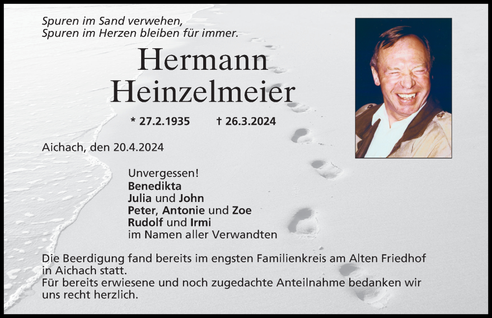 Traueranzeige von Hermann Heinzelmeier von Friedberger Allgemeine, Aichacher Nachrichten