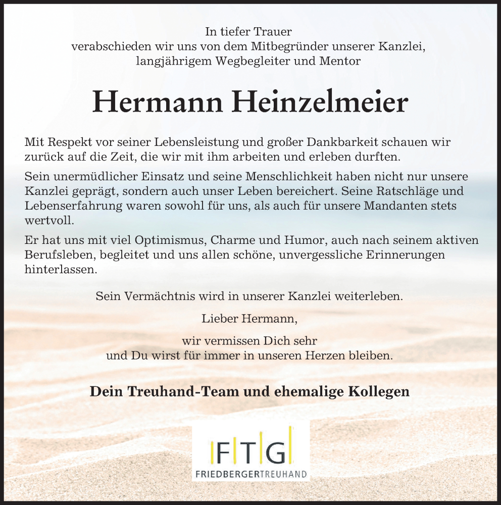 Traueranzeige von Hermann Heinzelmeier von Friedberger Allgemeine, Augsburger Allgemeine