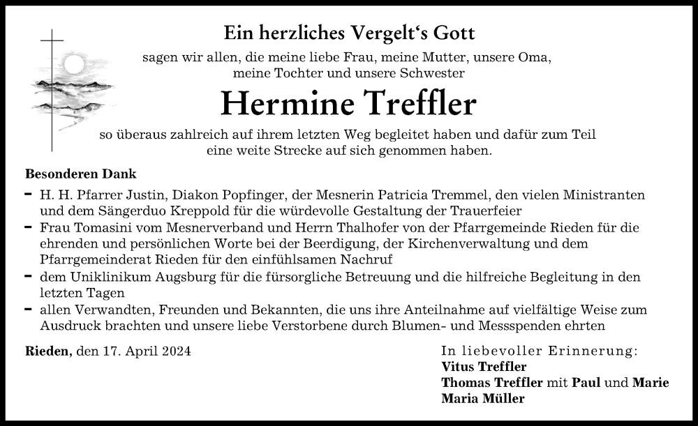 Traueranzeige von Hermine Treffler von Friedberger Allgemeine