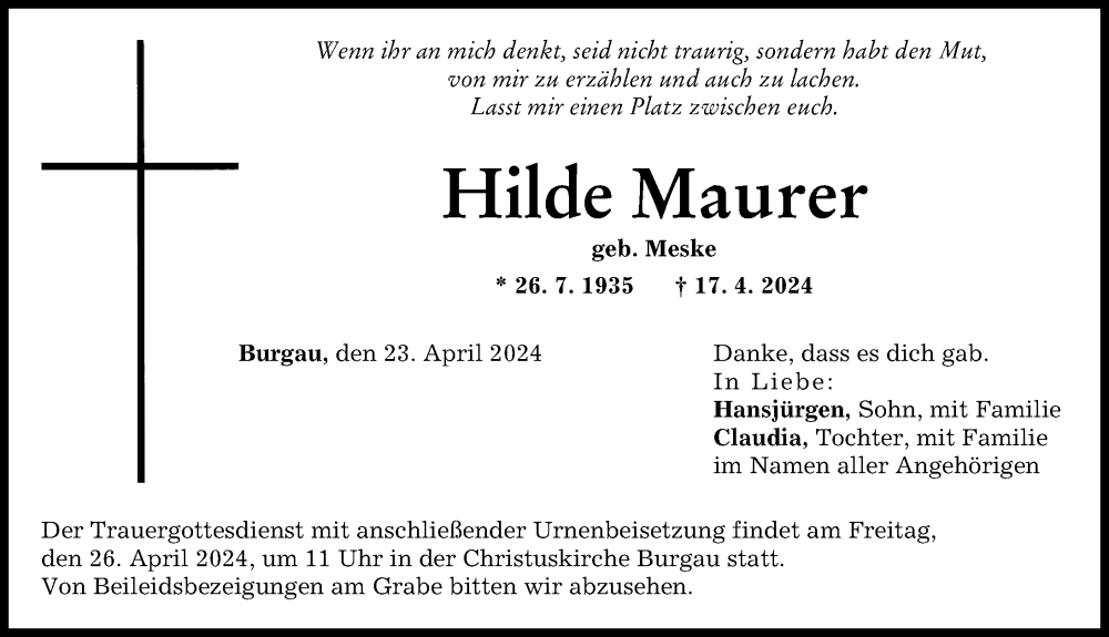 Traueranzeige von Hilde Maurer von Günzburger Zeitung