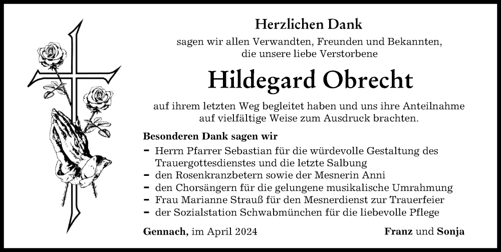 Traueranzeige von Hildegard Obrecht von Schwabmünchner Allgemeine
