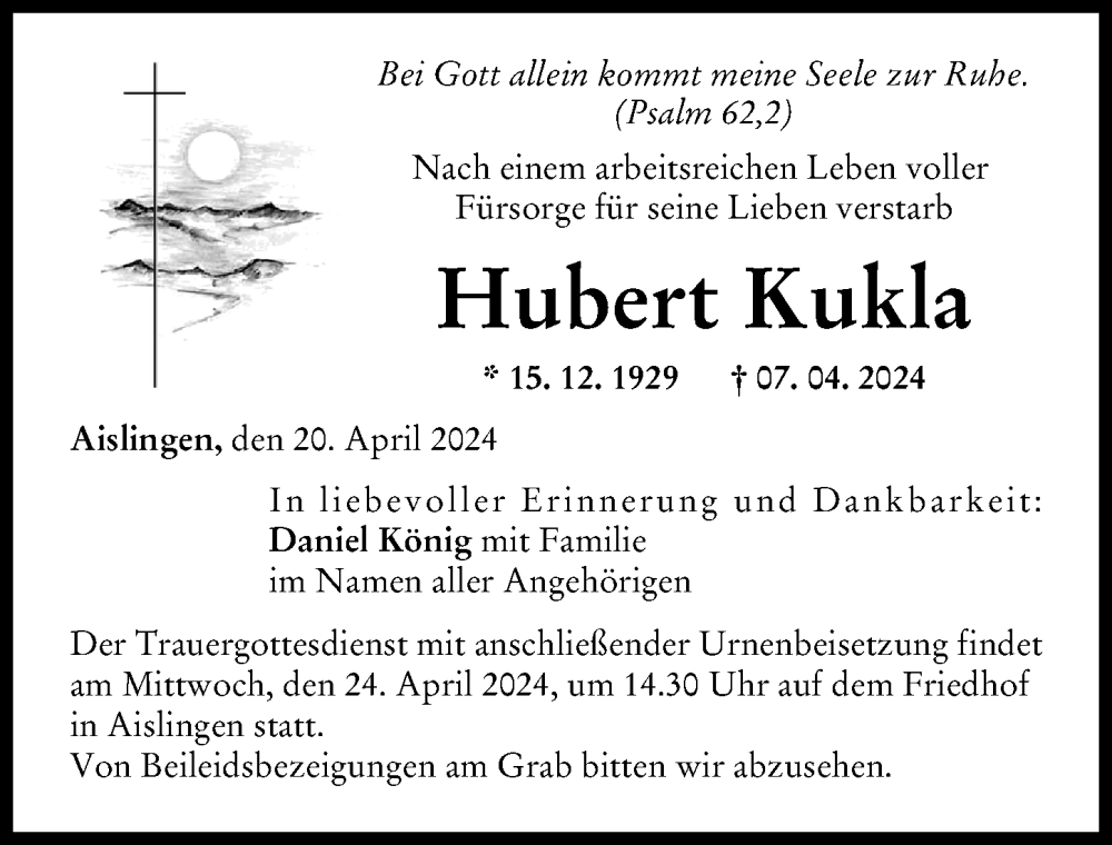 Traueranzeige von Hubert Kukla von Donau Zeitung