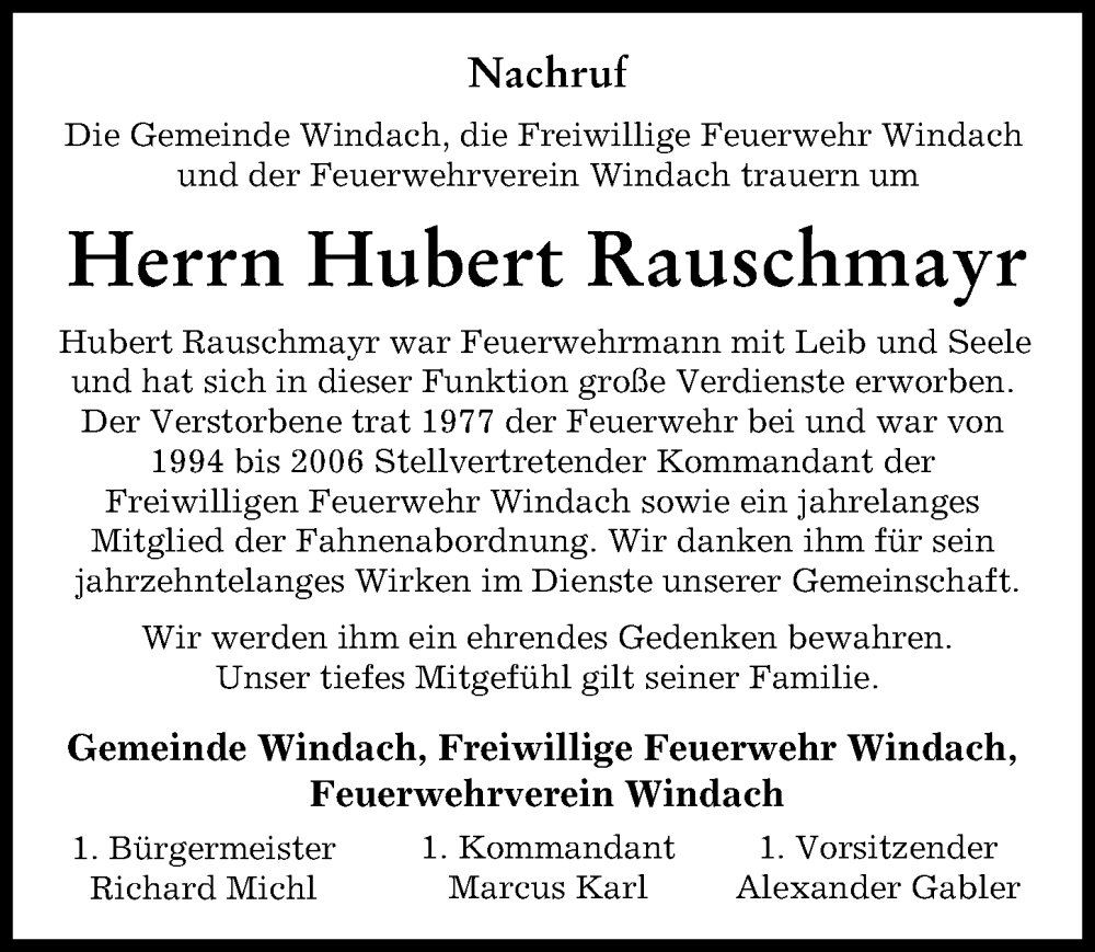 Traueranzeige von Hubert Rauschmayr von Landsberger Tagblatt