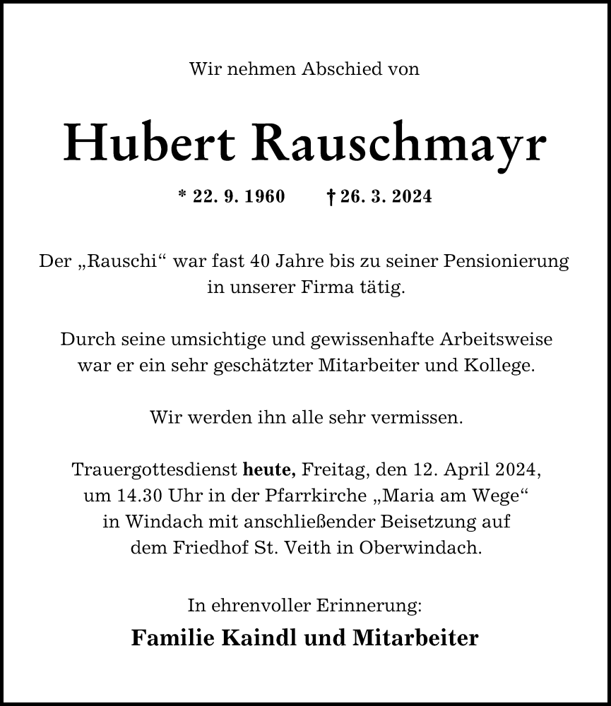 Traueranzeige von Hubert Rauschmayr von Landsberger Tagblatt