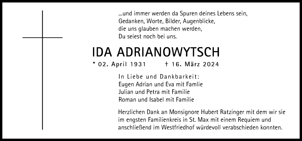 Traueranzeige von Ida Adrianowytsch von Augsburger Allgemeine