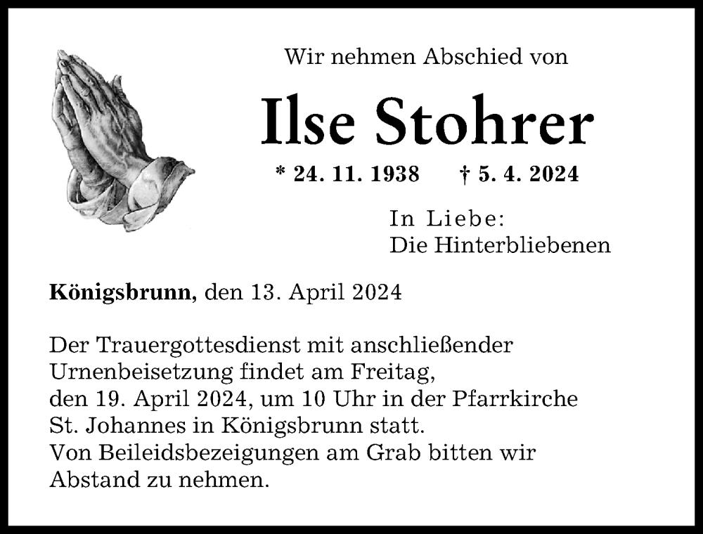 Traueranzeige von Ilse Stohrer von Schwabmünchner Allgemeine