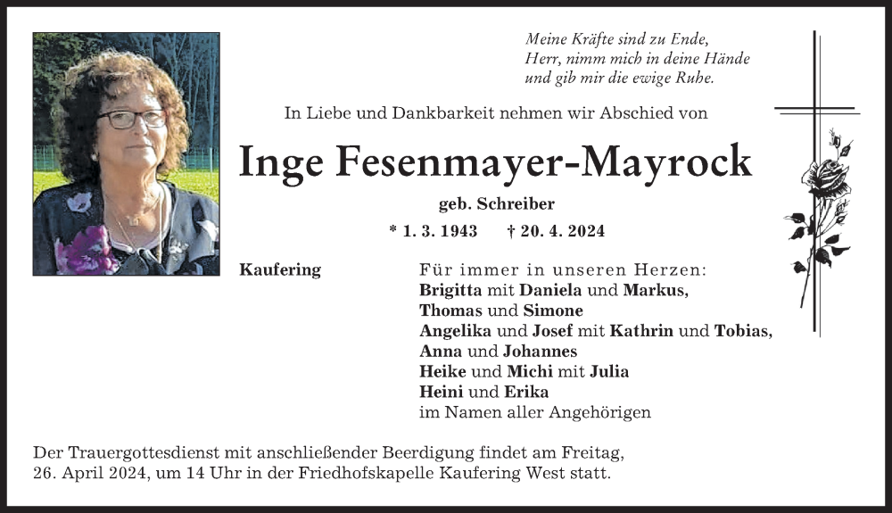 Traueranzeige von Inge Fesenmayer-Mayrock von Landsberger Tagblatt