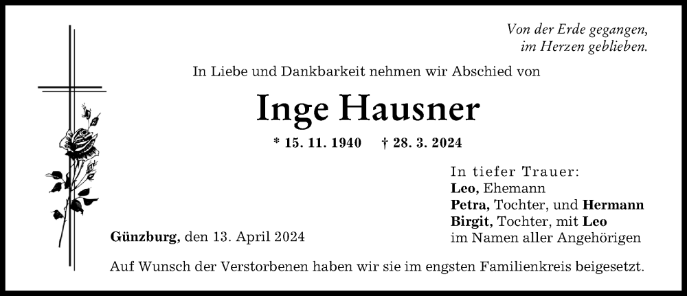 Traueranzeige von Inge Hausner von Günzburger Zeitung