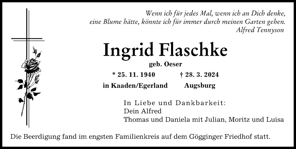 Traueranzeige von Ingrid Flaschke von Augsburger Allgemeine