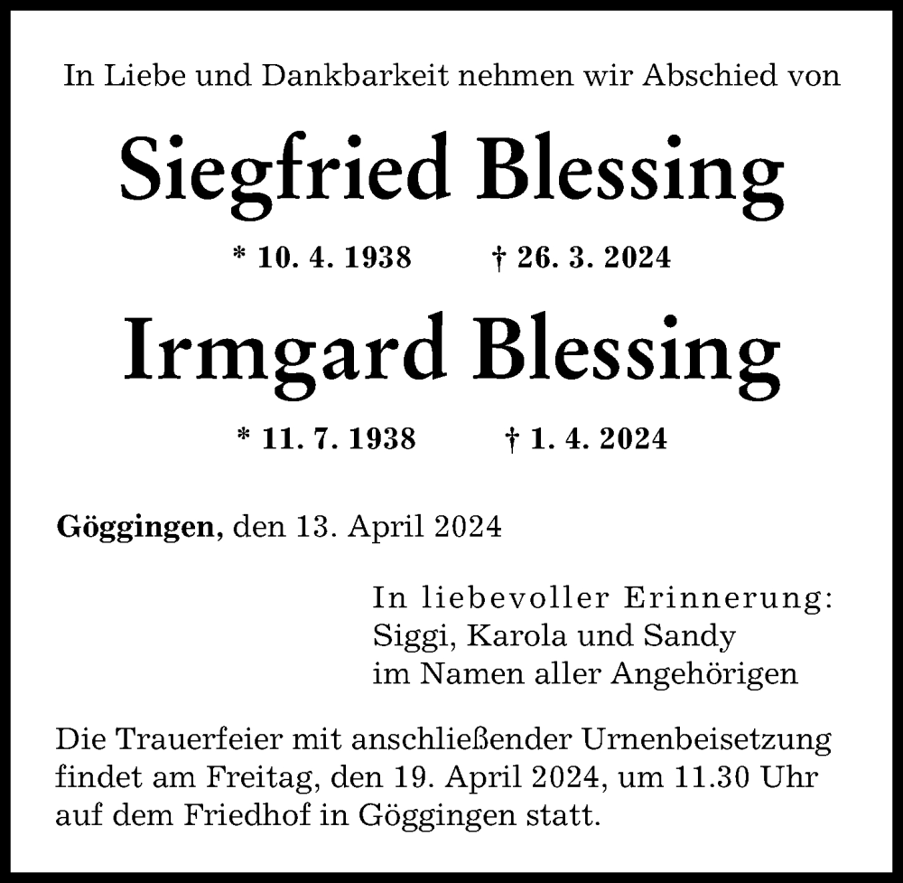 Traueranzeige von Irmgard Blessing von Augsburger Allgemeine