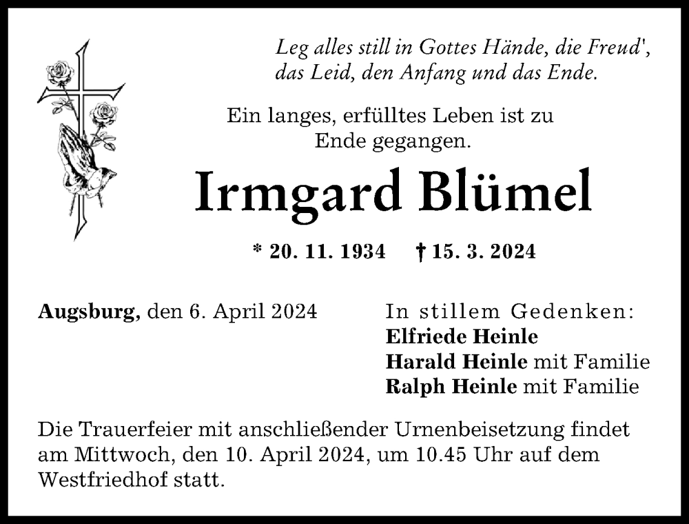 Traueranzeige von Irmgard Blümel von Augsburger Allgemeine