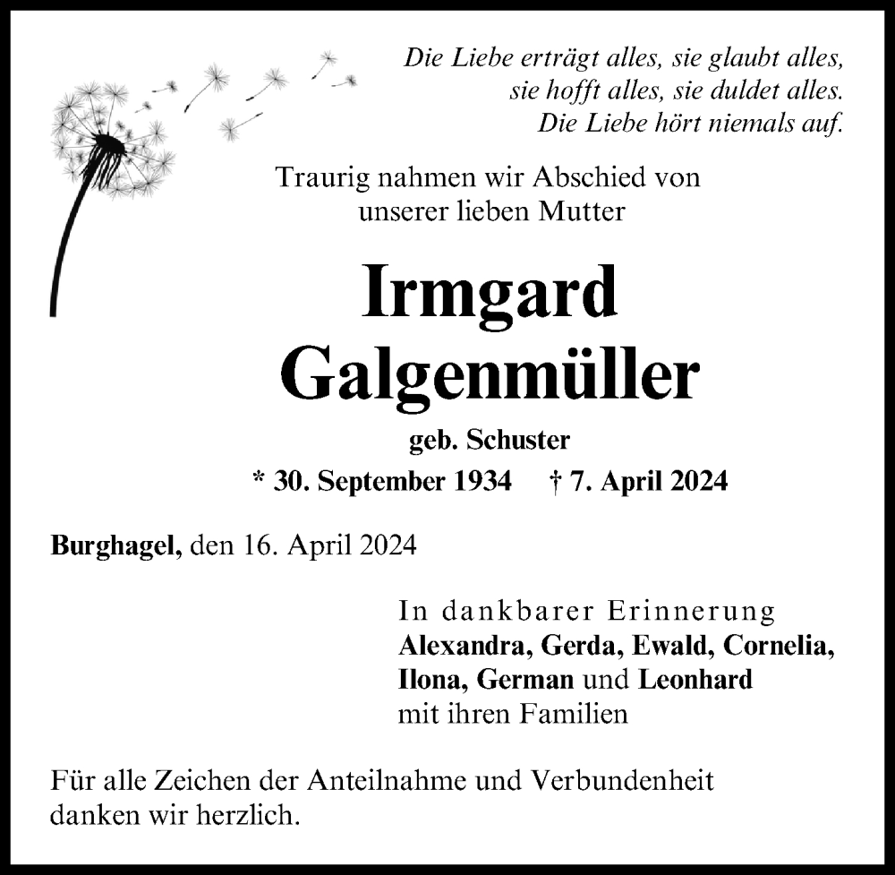 Traueranzeige von Irmgard Galgenmüller von Donau Zeitung